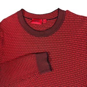 HUGO Hugo‎ Boss Men's Crewneck Sweater XL Red Black Jacquard Logo Knit Tunisia